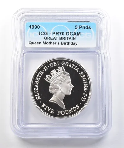 1990 Great Britain 5 Pounds Queen Mother's Birthday PR70 DCAM ICG a0451