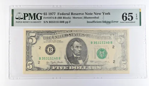 1977 $5 New York FRN Insufficient Inking Error Fr#1974-B 65 EPQ PMG *9441