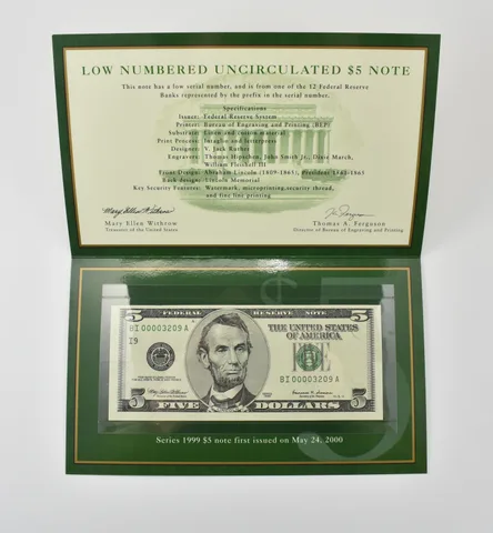 1999 $5 FRN I Bank Low Serial Number BEP *0392