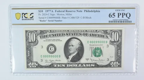 1977 A $10 Philadelphia PA FRN Fr#2024-C Radar Serial Gem Unc 65 PPQ PCGS a5975