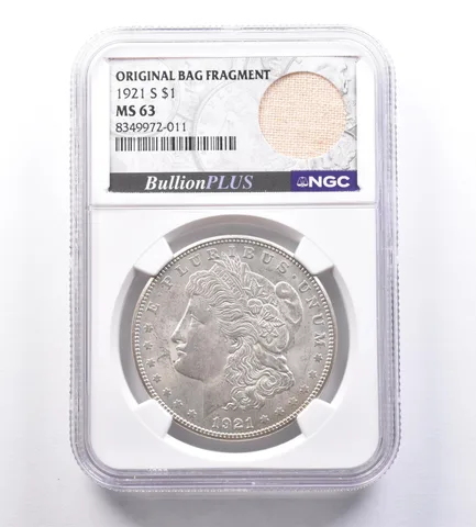 1921 Morgan Silver Dollar Original Bag Fragment MS63 NGC *8863