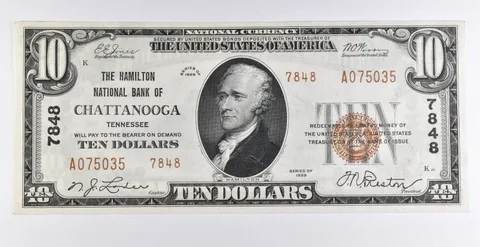 1929 $10 Chattanooga, TN US National Currency CH 7848 Brown Seal Unc a9745