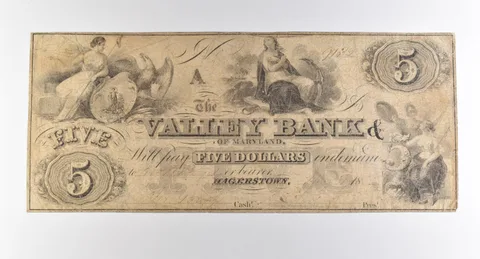1860s $5 Hagerstown MD Valley Bank Obsolete Note *3844