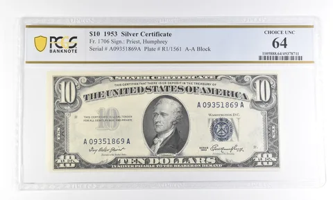 1953 $10 Silver Certificate Fr#1706 Choice Unc 64 PCGS a2767