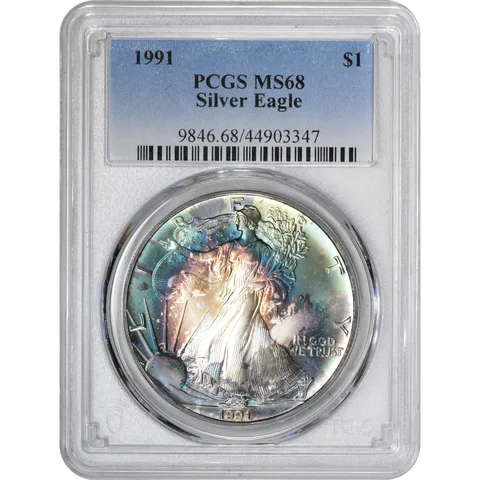 MS68 1991 American Silver Eagle PCGS Beautiful Blue Toning a2909