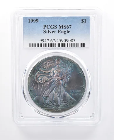 1999 American Silver Eagle MS67 PCGS Blue Tone a8000