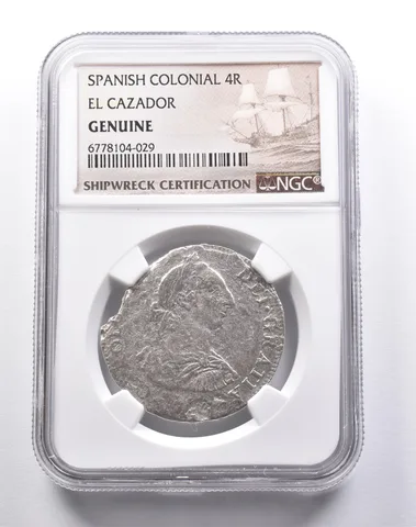 Genuine El Cazador Spanish Colonial 4 Reales NGC Shipwreck Certification *3691