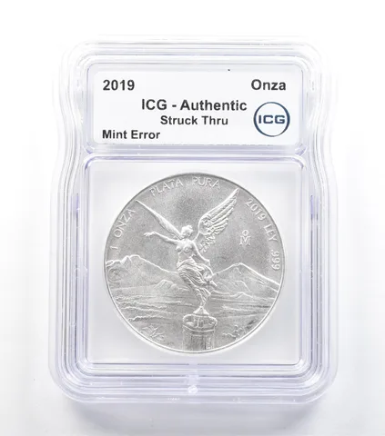 2019 Mo Mexico 1 Onza Silver Libertad Mint Error Struck Thru Authentic ICG *5055