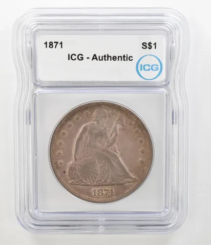 1871 Seated Liberty Silver Dollar Authentic ICG Beautiful Tone a4541