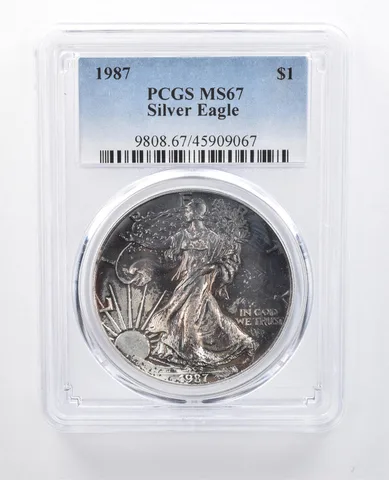 1987 American Silver Eagle MS67 PCGS Dark Blue Tone *7991