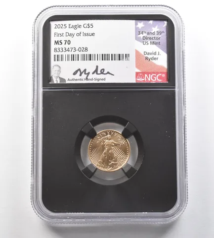2025 $5 American Gold Eagle David Ryder FDOI 1/10 Oz Gold MS70 NGC *0996