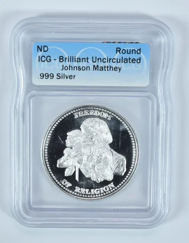 (ND) Silver Art Round 1 Oz Freedom Of Religion Johnson Matthey BU ICG