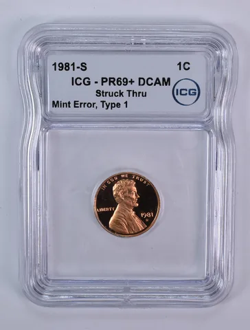1981-S Lincoln Memorial Cent Type 1 Mint Error Struck Thru PR69+ DCAM ICG