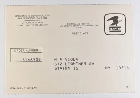 Carson City Morgan Silver Dollar Bid GSA Form Card T-592 (4-73) a1460