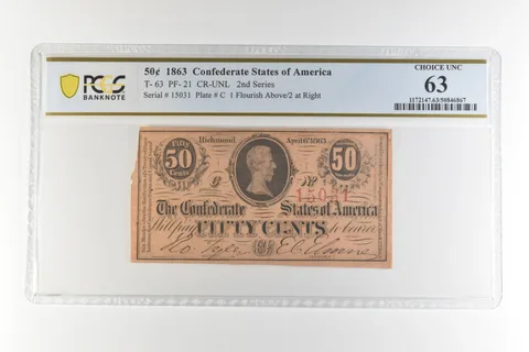 1863 50 Cents Confederate States T-63 PF-21 CR-UNL Choice Unc 63 PCGS *4473
