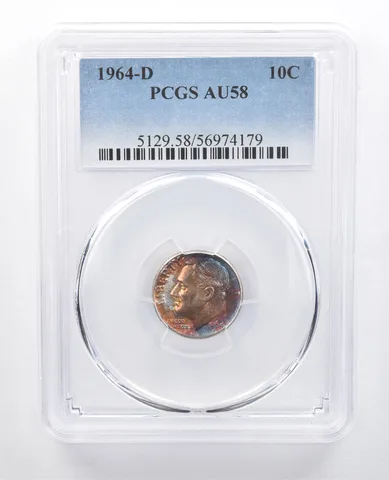 1964-D Roosevelt Dime AU58 PCGS Rainbow Tone *7694