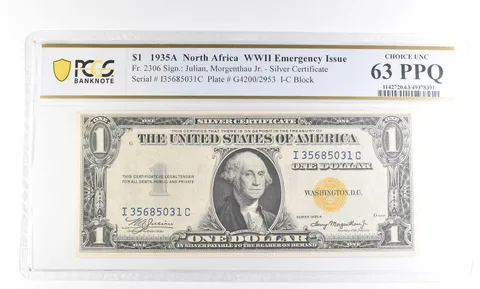 1935 A $1 N. Africa Silver Certificate WWII Fr#2306 Choice Unc 63 PPQ PCGS a2451