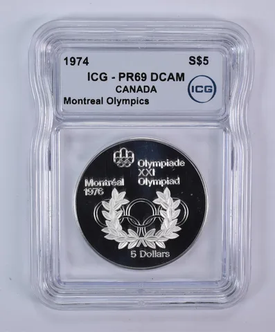 1974 Canada 5 Dollars Silver Montreal Olympics Rings PR69 DCAM ICG