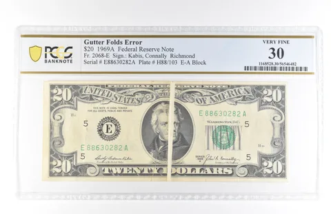 1969 A $20 Richmond VA FRN Gutter Folds Error Fr#2068-E Very Fine 30 PCGS *5817