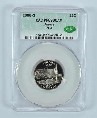 2008-S Washington State Quarter Arizona CLAD PR69 DCAM CAC CACg