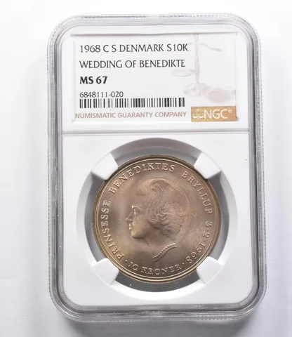MS67 1968 C S Denmark 10 Kroner Silver Wedding Of Benedikte NGC *2922