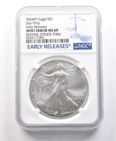 2024 (P) American Silver Eagle Star Privy Error Rev Struck Thru MS69 NGC *5673
