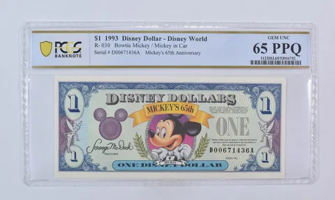 1993 $1 Disney Dollar Disney World Bowtie Mickey R-030 Gem Unc 65 PPQ PCGS