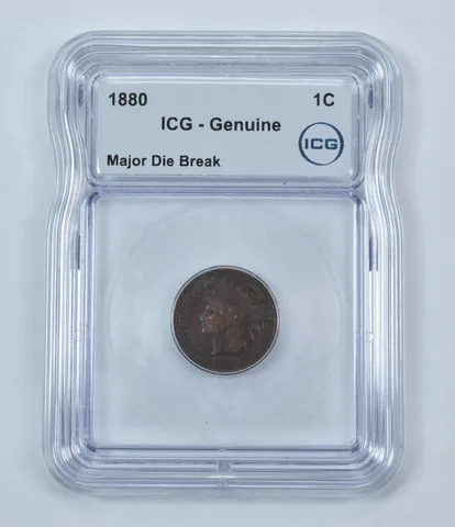 Error 1880 Indian Head Cent Major Die Break Genuine ICG *9254