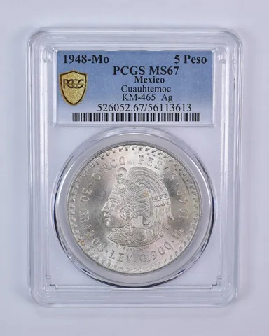 1948 Mo Mexico 5 Pesos Silver Cuauhtemoc KM-465 MS67 PCGS Blue Label
