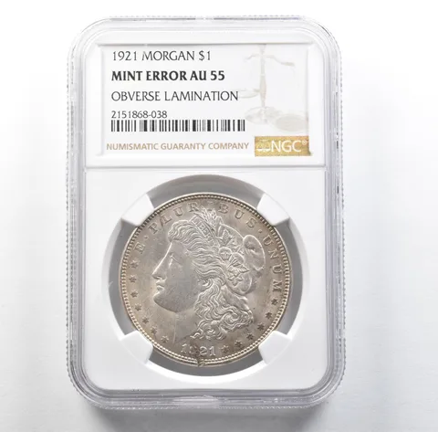 1921 Morgan Silver Dollar Mint Error Obverse Lamination AU55 NGC *3184