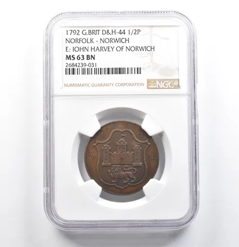 1792 G. Britain Norfolk Norwich Half Penny D&H-44 John Harvey MS63 BN NGC *6860