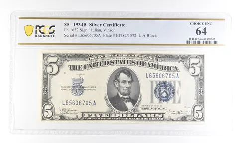 1934 B $5 Silver Certificate Fr#1652 Choice Unc 64 PCGS *2772