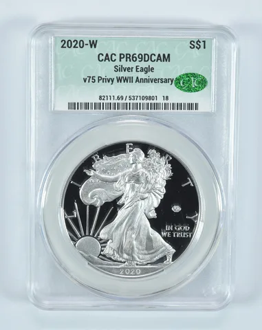 2020-W American Silver Eagle v75 WWII Privy PR69 DCAM CAC CACg