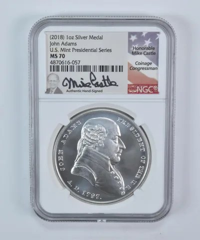 (2018) 1 Oz Silver Presidential Medal John Adams Mike Castle MS70 NGC a5718