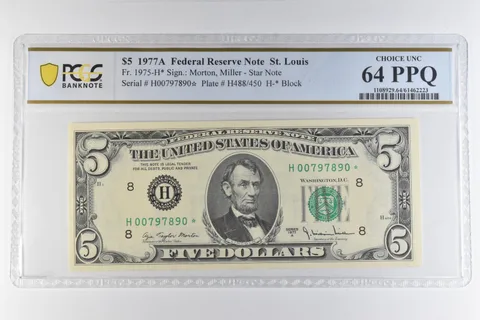 1977 A $5 St Louis MO FRN Star Note Fr#1975-H* Choice Unc 64 PPQ PCGS *6538