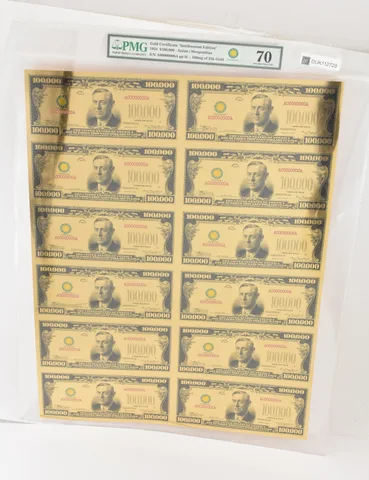 1934 $100,000 Gold Certificate Smithsonian Ed 100mg 24k Gold GU 70 PMG *2728