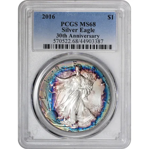MS68 2016 American Silver Eagle PCGS Beautiful Blue Toning *2901