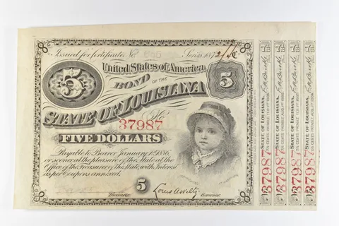 1872 Louisiana 5 Dollar Bond Obsolete Note *8380