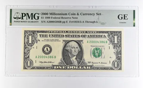 2000 Millennium Coin & Currency Set $1 1999 FRN Boston MA Low Serial PMG a4606