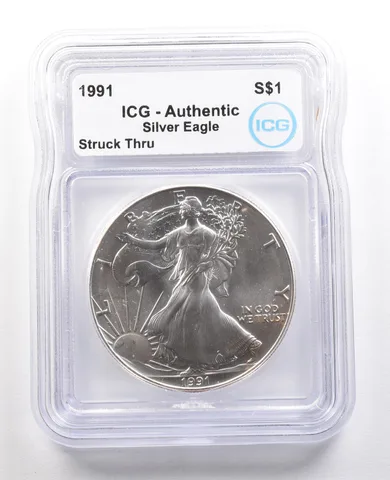 1991 American Silver Eagle Struck Thru Authentic ICG *6638