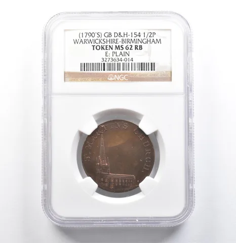 (1790's) Warwickshire-Birmingham Half Penny GB D&H-154 MS62 RB NGC *6859