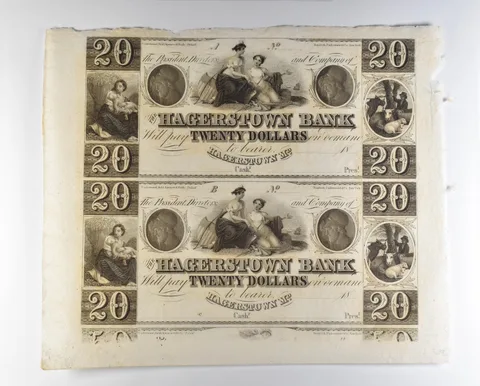 Lot (2) 1800s $20 Hagerstown MD Bank Obsolete Note Uncut *8692