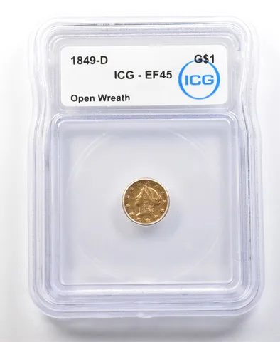 1849-D $1 Liberty Head Gold Dollar Open Wreath EF45 ICG a0122