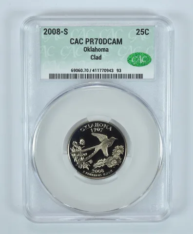 2008-S Washington State Quarter Oklahoma CLAD PR70 DCAM CAC CACg