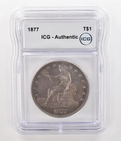 1877 Seated Liberty Trade Dollar Authentic ICG Beautiful Tone *4759