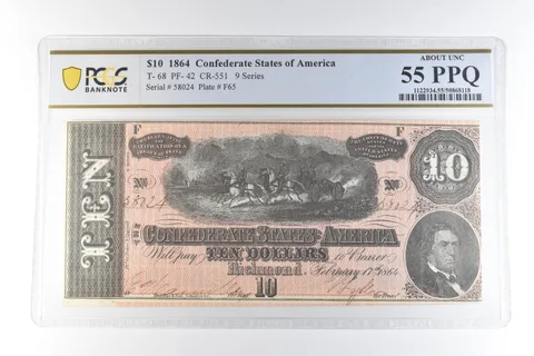 1864 $10 Confederate States Of America T-68 PF-42 CR-551 AU 55 PPQ PCGS a3412