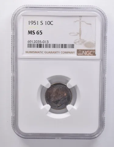 1951-S Roosevelt Dime MS65 NGC Blue/Purple Tone a7180