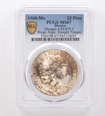 1968 Mo Mexico 25 Pesos Olympic Rings Align Straight Tongue MS67 PCGS Tone *8574