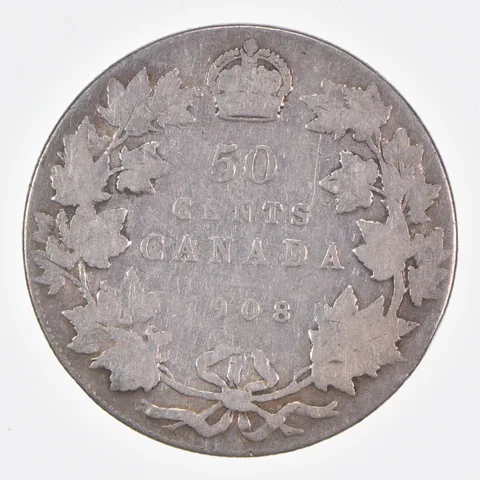 Better Date - 1908 Canada 50 Cents World Coin- Silver *436