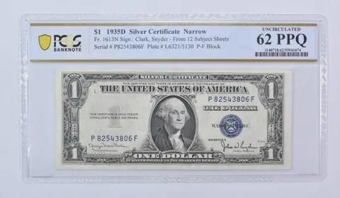 1935 D $1 Silver Certificate Narrow Fr#1613N Uncirculated 62 PPQ PCGS